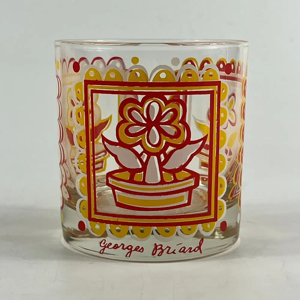 Georges Briard Mid-Century Lowball Glasses Set of 6 Red Yellow Flower Retro